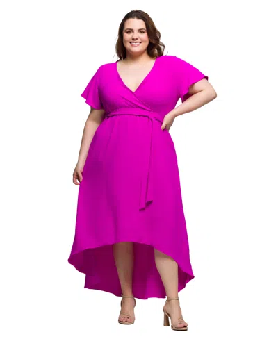 24seven Comfort Apparel Plus Size V-neck Belted Faux Wrap High Low Dress In Pink