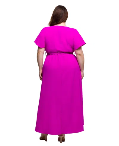24seven Comfort Apparel Plus Size V-neck Belted Faux Wrap High Low Dress In Pink