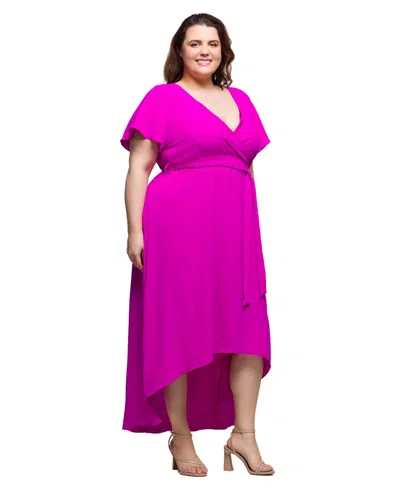 24seven Comfort Apparel Plus Size V-neck Belted Faux Wrap High Low Dress In Pink