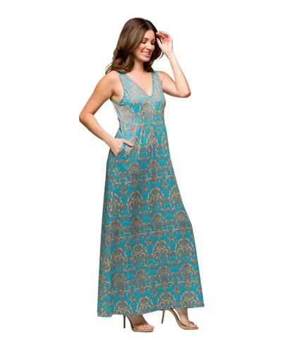 24seven Comfort Apparel Women's Sky Blue Sleeveless V Neck Maxi Dress With Pockets