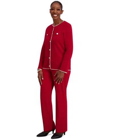 Kasper Round-neck Long-sleeve Button Front Cardigan, Regular & Plus In Red