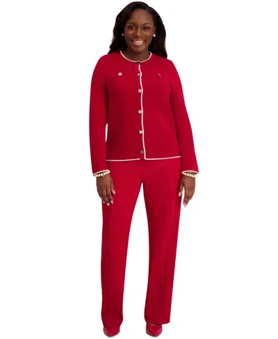 Kasper Round-neck Long-sleeve Button Front Cardigan, Regular & Plus In Red