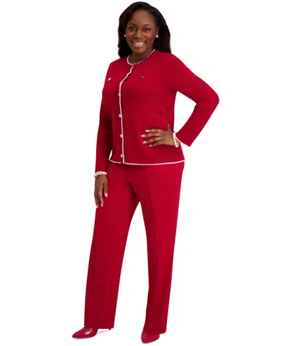 Kasper Round-neck Long-sleeve Button Front Cardigan, Regular & Plus In Red