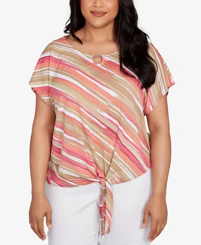 Hearts Of Palm Plus Size Printed Crinkle Tie Front Top In Gold
