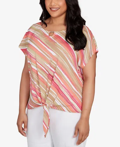 Hearts Of Palm Plus Size Printed Crinkle Tie Front Top In Gold
