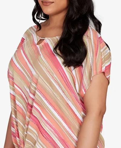 Hearts Of Palm Plus Size Printed Crinkle Tie Front Top In Gold