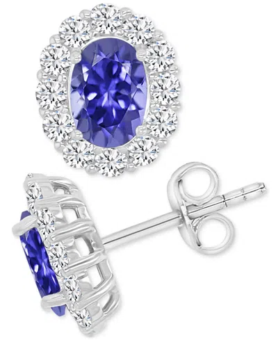 Macy's Cubic Zirconia Green Stone Oval Halo Stud Earrings In Sterling Silver