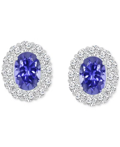 Macy's Cubic Zirconia Green Stone Oval Halo Stud Earrings In Sterling Silver