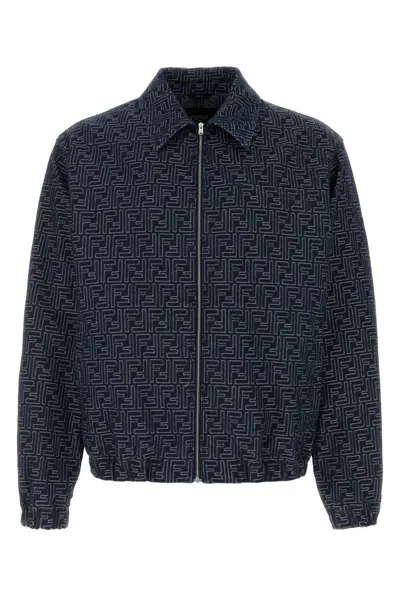 Fendi Embroidered Denim Bomber Jacket In Blue