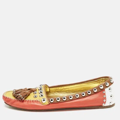 Pre-owned Prada Multicolor Leather Studded Tassel Slip On Loafers Size 38