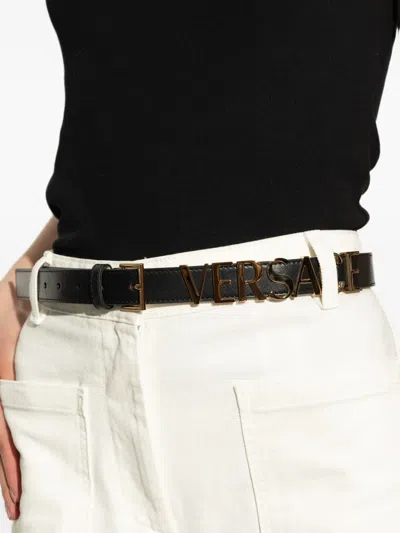 Versace Logo Leather Thin Belt In Black