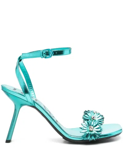 Loewe X Paula's Ibiza Calfskin Flower Heeled Sandals 90 In Blue