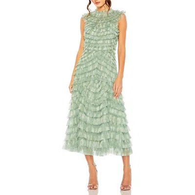 Mac Duggal Floral Ruffle Tiered Mesh Mock Neck Sleeveless Dress