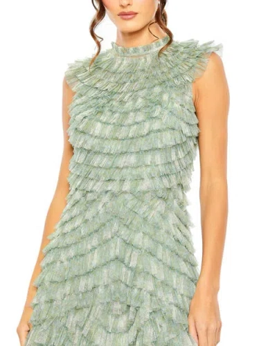 Mac Duggal Floral Ruffle Tiered Mesh Mock Neck Sleeveless Dress