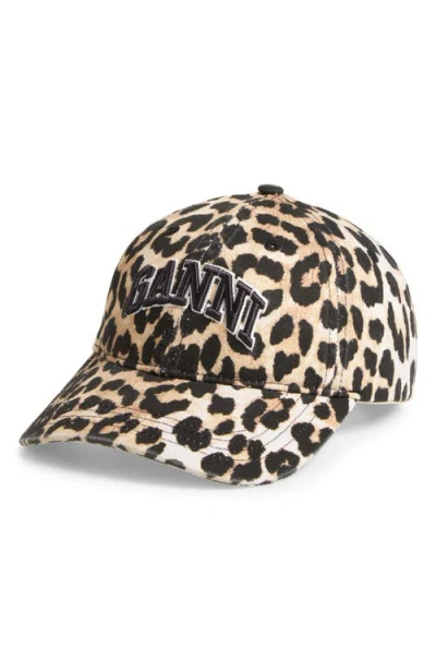 Ganni Leopard Cotton Baseball Cap In Animal Print