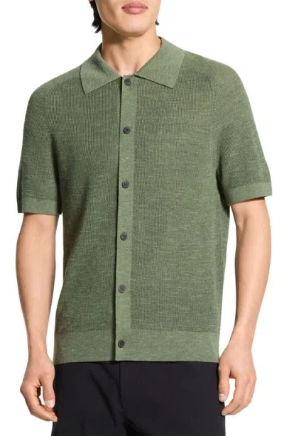 Theory Short-sleeve Button-up Shirt In Pacific Linen In Green