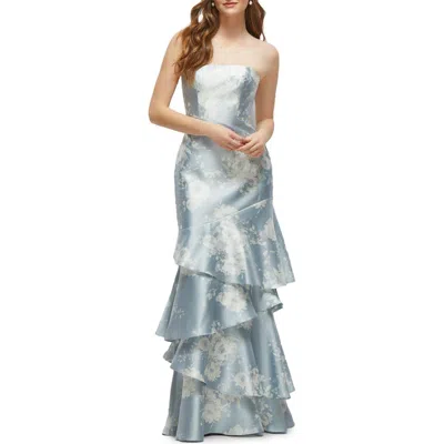 Dessy Collection Floral Ruffle Strapless Tiered Satin Twill Gown