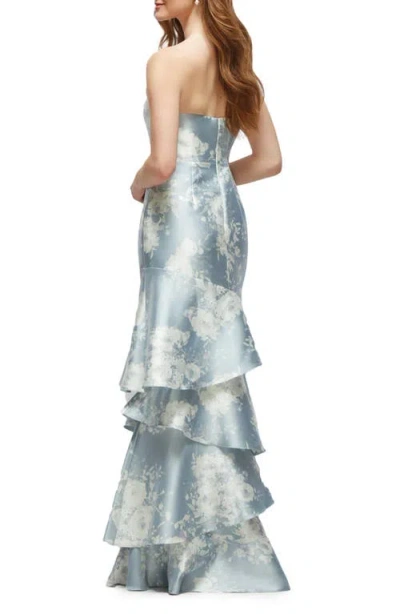 Dessy Collection Floral Ruffle Strapless Tiered Satin Twill Gown