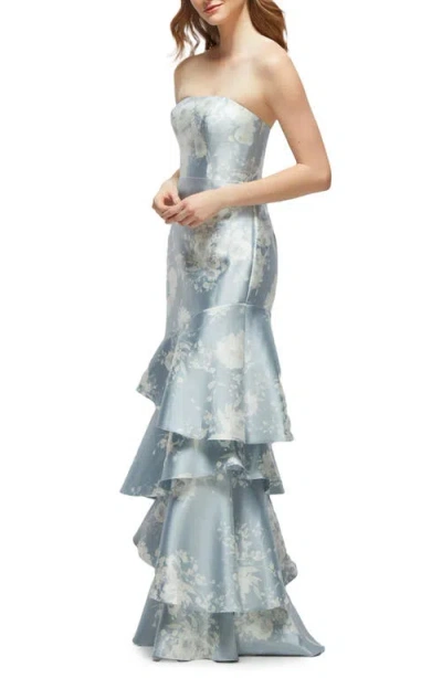 Dessy Collection Floral Ruffle Strapless Tiered Satin Twill Gown
