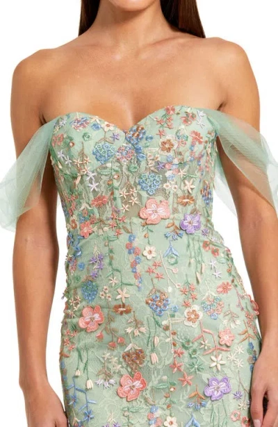 Mac Duggal Off The Shoulder Bustier Emboridered Net Gown