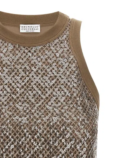 Brunello Cucinelli Sleeveless Cotton Top With Sequins Accents