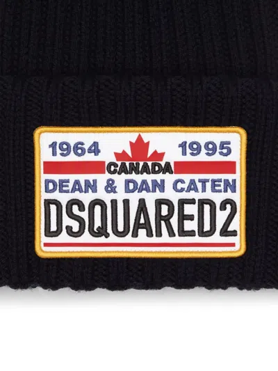 Dsquared2 Knitted Beanie With Folded Cuff And Colorful Patch In Black