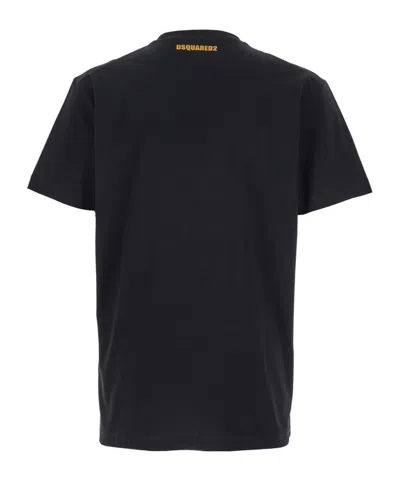 Dsquared2 Black Crewneck T-shirt With Print On The Front And Logo Lettering On The Rear In Black