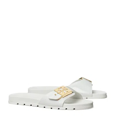 Tory Burch Slide Sandals With Metallic Buckle Accent In White