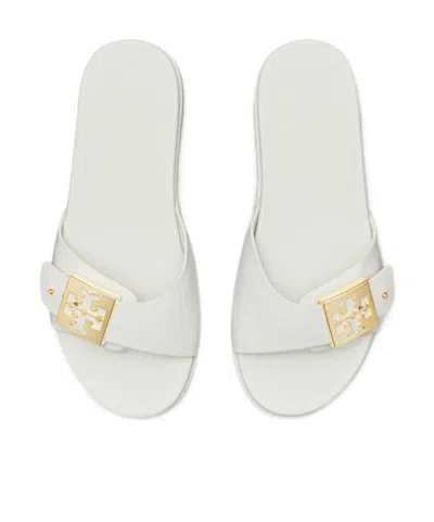 Tory Burch Slide Sandals With Metallic Buckle Accent In White