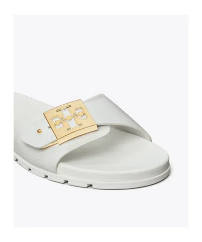 Tory Burch Slide Sandals With Metallic Buckle Accent In White