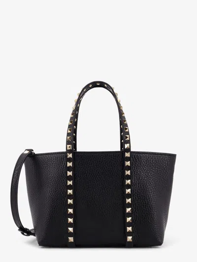 Valentino Rockstud Mini Tote In Hammered Leather In Black