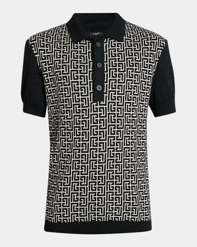 Balmain Wool And Linen Polo Shirt With Monogram Motif In Black