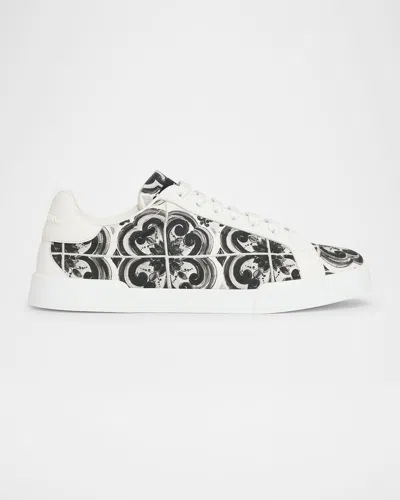 Dolce & Gabbana Portofino Canvas Sneakers Featuring Maiolica Design In Multi