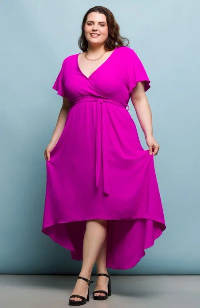24seven Comfort Apparel Plus Size V-neck Belted Faux Wrap High Low Dress