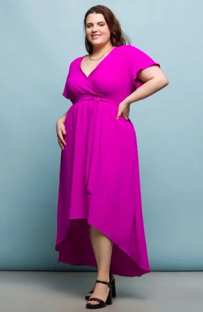 24seven Comfort Apparel Plus Size V-neck Belted Faux Wrap High Low Dress