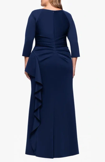 Xscape Evenings Ruched Scuba Knit Ruffle Gown In Blue