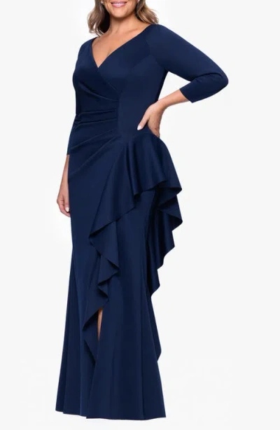 Xscape Evenings Ruched Scuba Knit Ruffle Gown In Blue