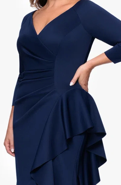 Xscape Evenings Ruched Scuba Knit Ruffle Gown In Blue