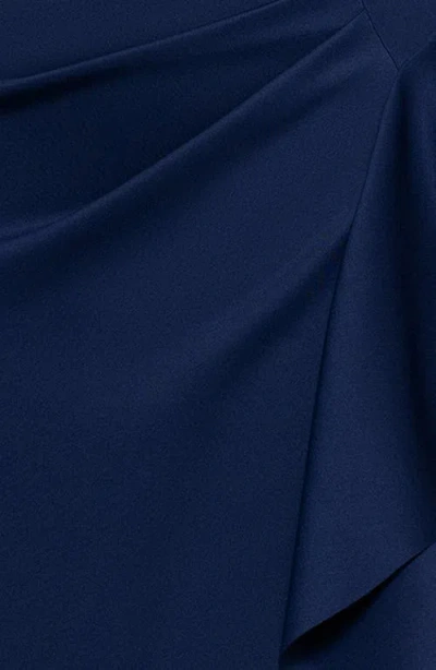 Xscape Evenings Ruched Scuba Knit Ruffle Gown In Blue