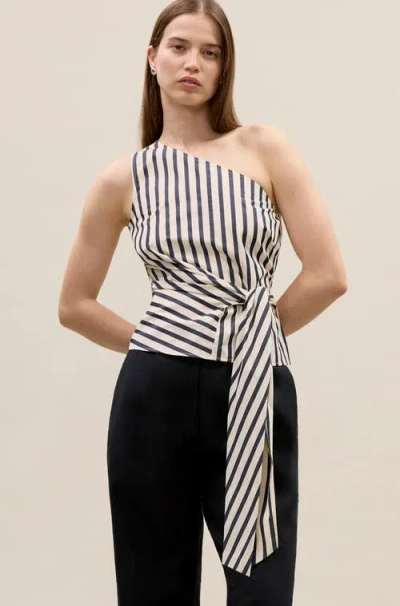 Rebecca Taylor Isla One Shoulder Poplin Top In Cream Stripe In Multi