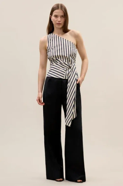 Rebecca Taylor Isla One Shoulder Poplin Top In Cream Stripe In Multi
