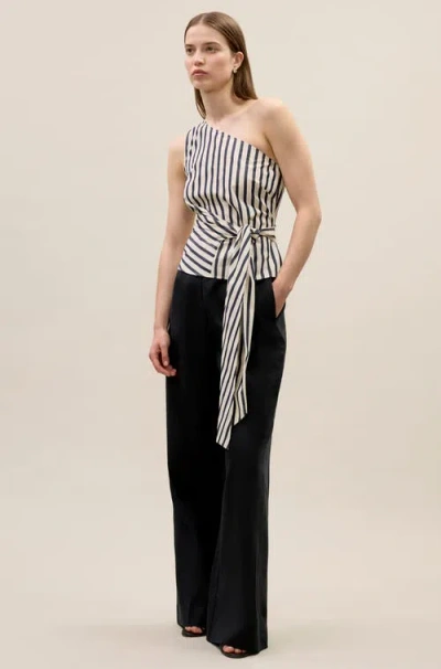 Rebecca Taylor Isla One Shoulder Poplin Top In Cream Stripe In Multi