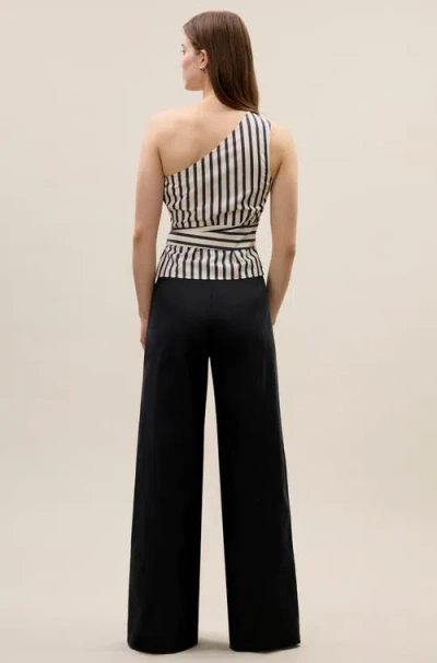 Rebecca Taylor Isla One Shoulder Poplin Top In Cream Stripe In Multi