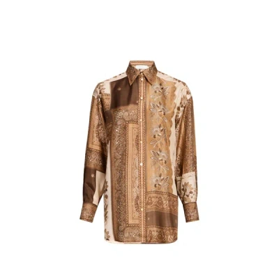 Zimmermann Lucky Manstyle Silk Shirt In Brown