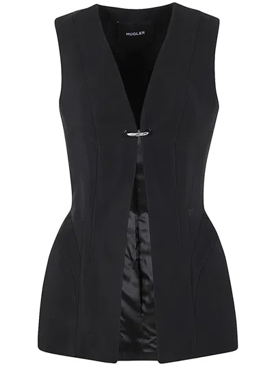 Mugler Womens Black Sleeveless V-neck Crepe Blazer