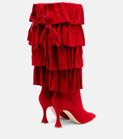 Manolo Blahnik Mifalone 90 Tiered Ruffled Suede Knee Boots In Red