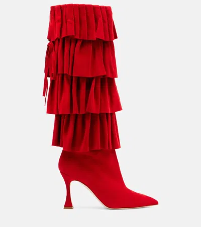Manolo Blahnik Mifalone 90 Tiered Ruffled Suede Knee Boots In Red