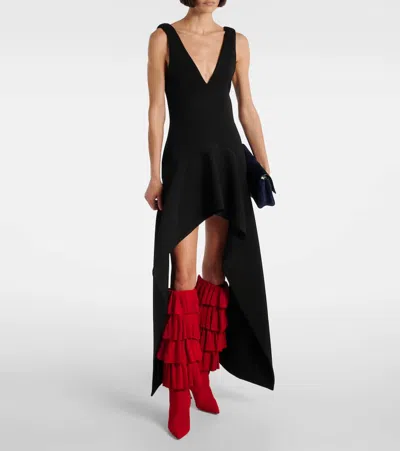 Manolo Blahnik Mifalone 90 Tiered Ruffled Suede Knee Boots In Red