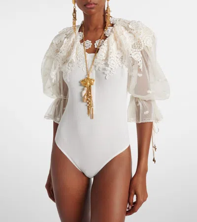 Chloé Cotton And Lace Bodysuit Embroidered Design In White