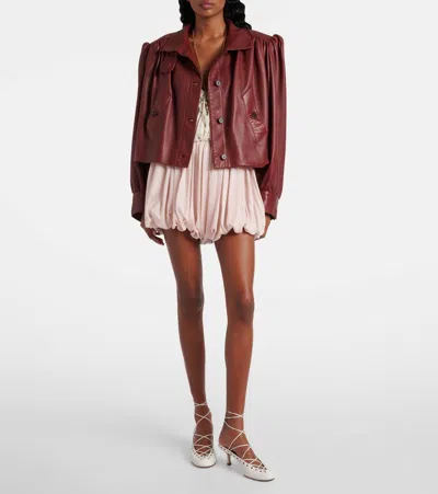 Chloé Puff-sleeve Plonge Leather Cropped Jacket In Burgundy